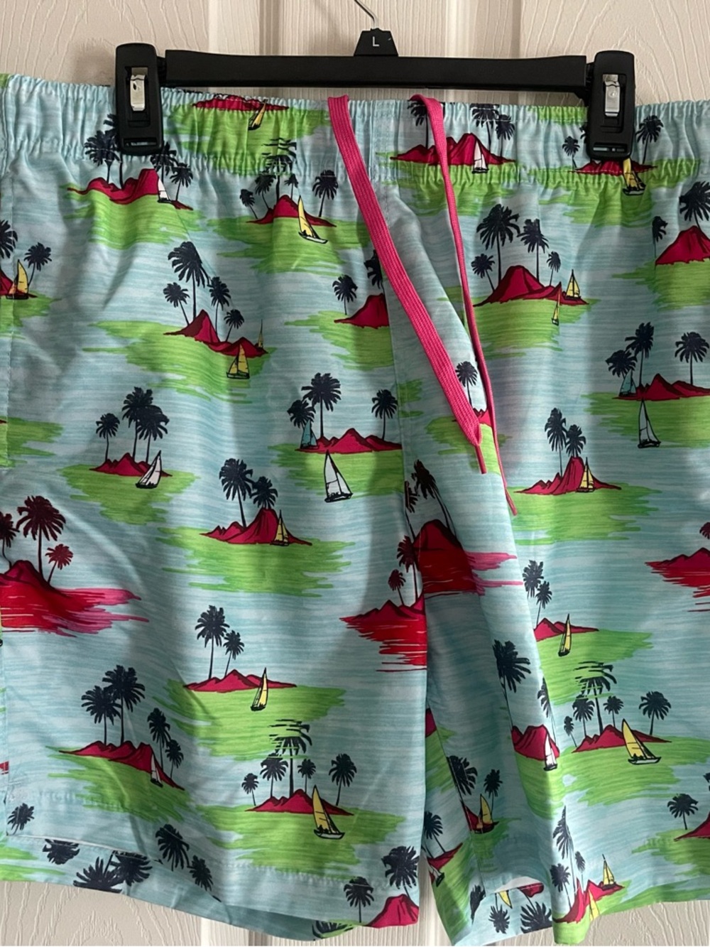 Men's Tropical Print Swim Trunks - Light Blue with Pink & Green